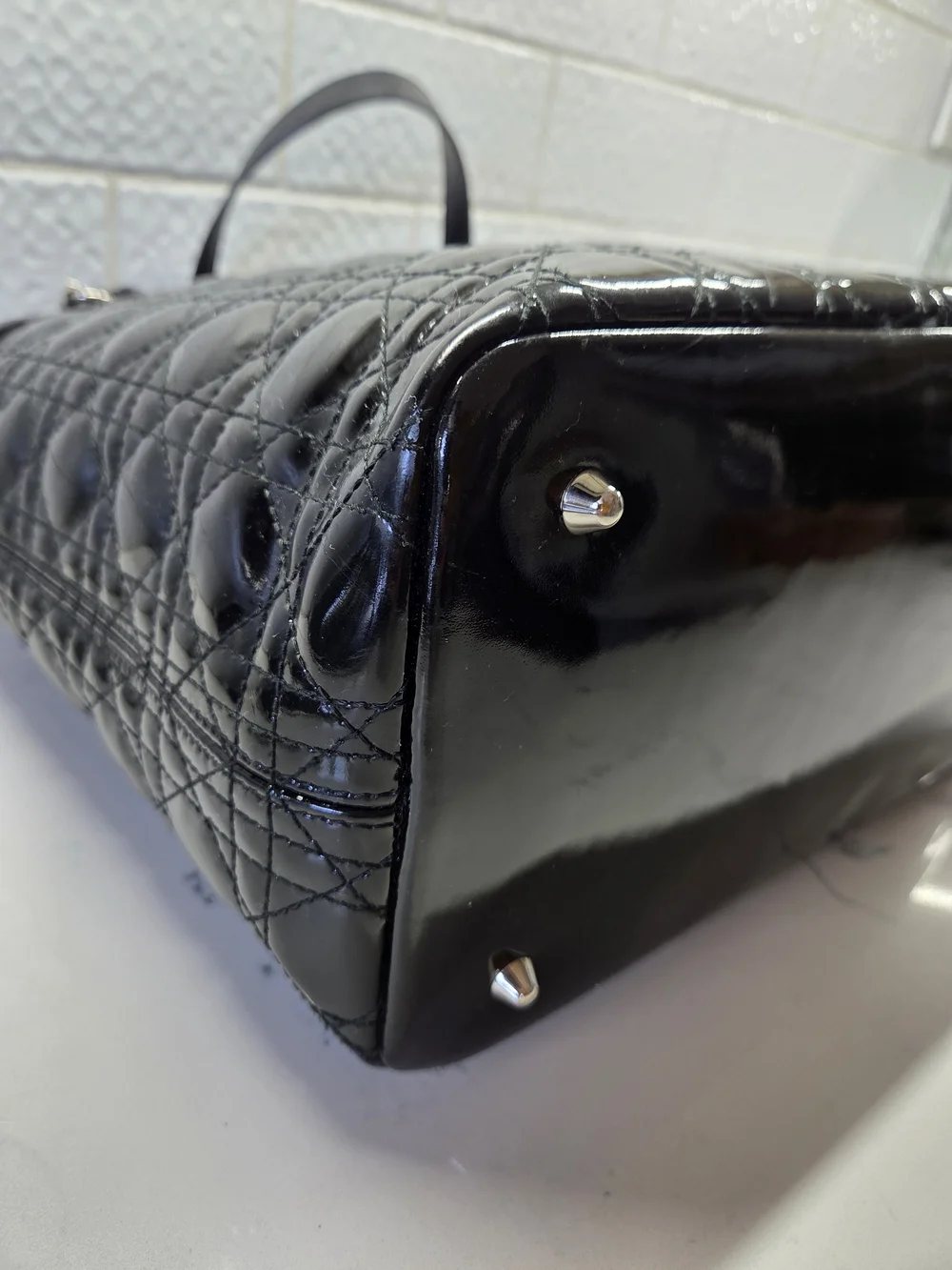 Christian Dior Black Quilted Patent Leather Panarea Medium Tote Bag + COA